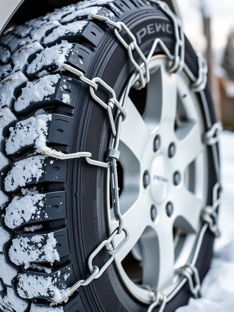 A high-quality image of Pewag SnowChains, emphasizing their durable steel construction and secure fit, representing reliable performance.