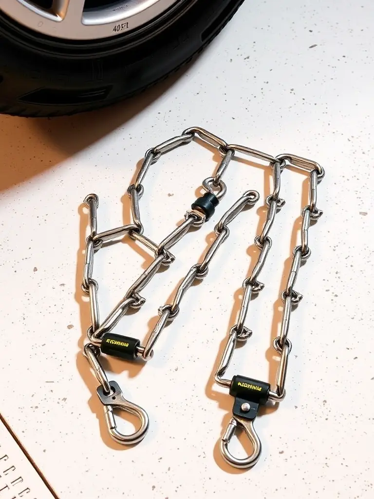 A detailed image of König K-Summit snow chains, showcasing their robust design and easy installation mechanism, emphasizing enhanced safety.