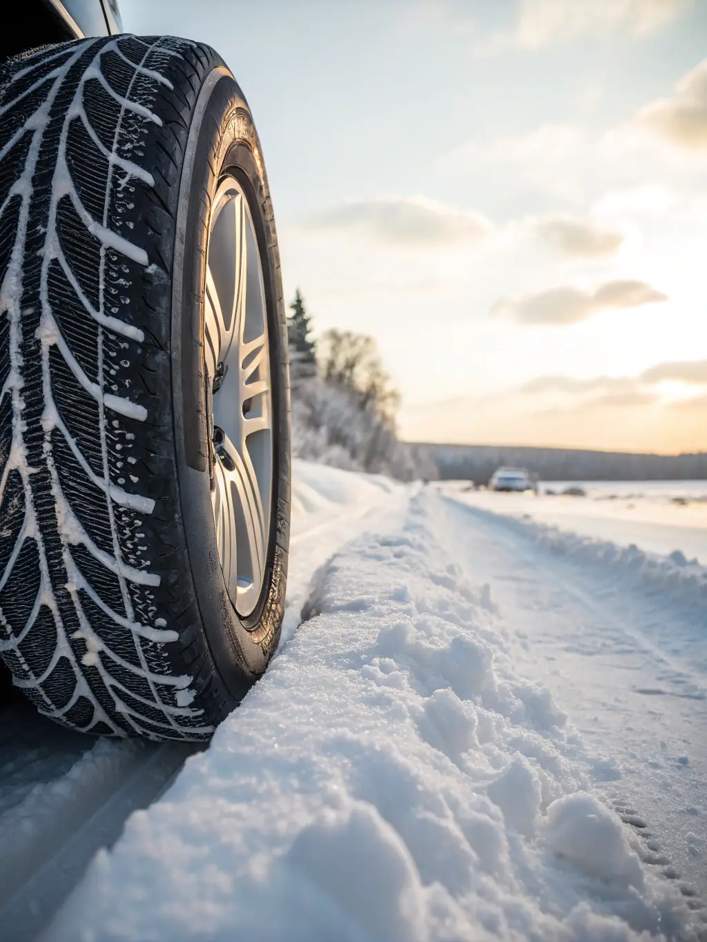 A close-up shot of a Michelin Alpin 6 tire, highlighting its deep treads and innovative rubber compound, symbolizing superior performance in winter conditions.